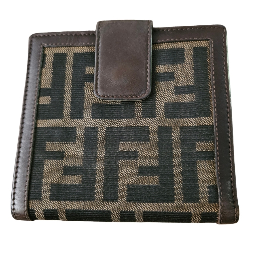 FENDI Zucca Brown Canvas Leather Bifold Small Wallet Metal Plate Logo
